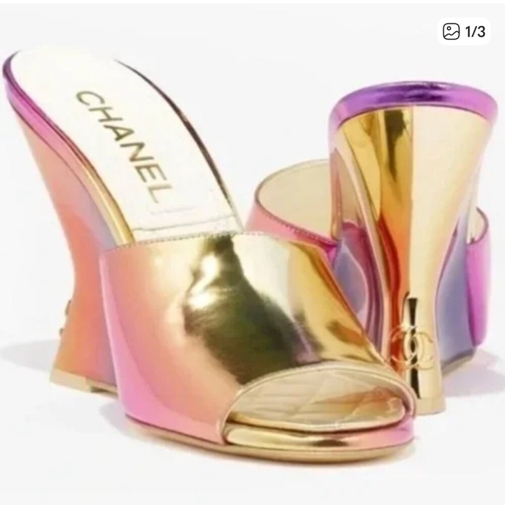 CHANEL Laminated Calfskin Wedge Mules 37.5 Pink Orange Yellow Multicolor CC logo